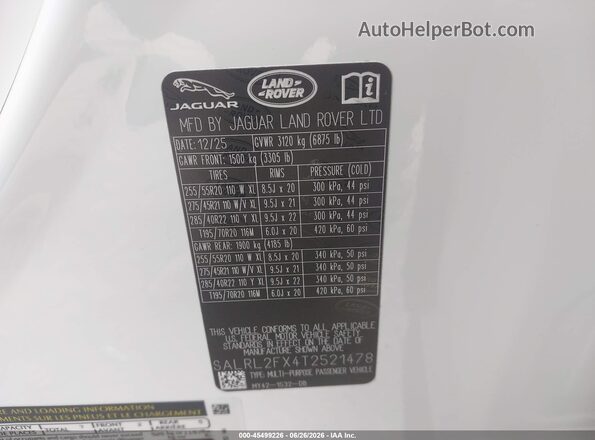 SALRL2FX4T2521478 2026 LAND ROVER DISCOVERY White Вид підкапотного простору
