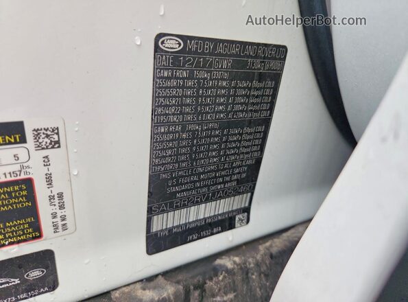 SALRR2RV1JA052460 2018 LAND ROVER DISCOVERY White Вид наклейки з VIN-кодом