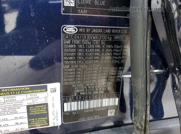 SALRR2RV3K2407012 2019 LAND ROVER DISCOVERY Blue 