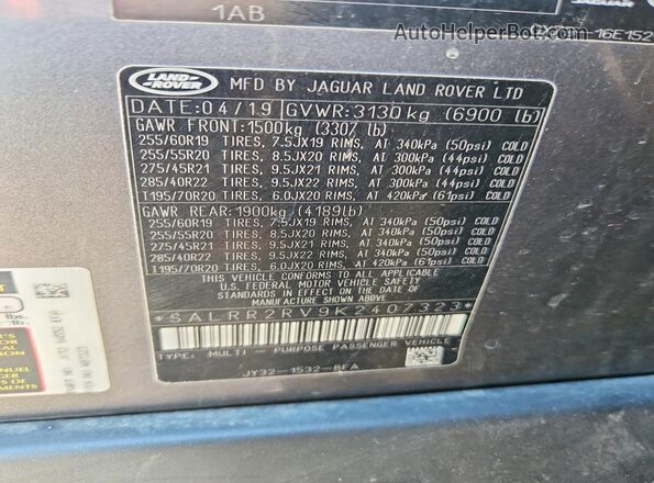 SALRR2RV9K2407323 2019 LAND ROVER DISCOVERY Charcoal Engine compartment view