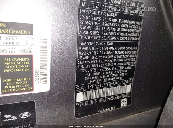 SALRRBBV0HA022421 2017 LAND ROVER DISCOVERY Black Вид підкапотного простору