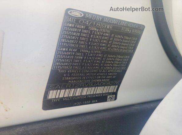 SALRT2RV9JA068276 2018 LAND ROVER DISCOVERY White VIN կոդի պիտակի տեսք
