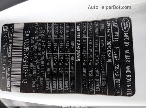 SALVD2BGXGH136513 2016 LAND ROVER RANGE ROVER EVOQUE Белый Вид подкапотного пространства