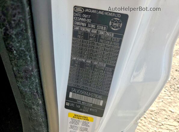 SALVD5RX4JH278046 2018 LAND ROVER RANGE Белый 