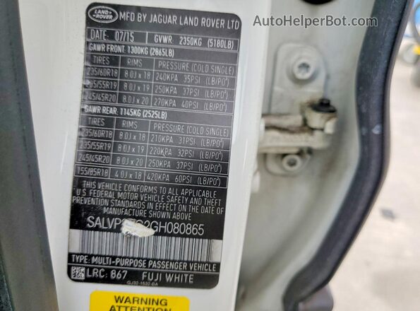 SALVP2BG2GH080865 2016 LAND ROVER RANGE White Вид наклейки з VIN-кодом