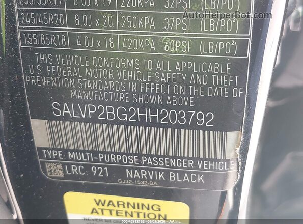 SALVP2BG2HH203792 2017 LAND ROVER RANGE ROVER EVOQUE Black Շարժիչի բաժամունքի տեսք