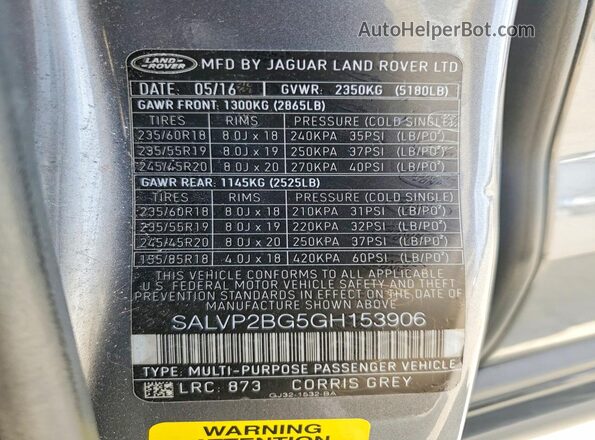 SALVP2BG5GH153906 2016 LAND ROVER RANGE Gray Вид наклейки з VIN-кодом