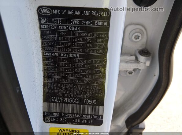 SALVP2BG6GH160606 2016 LAND ROVER RANGE ROVER EVOQUE Белый Вид подкапотного пространства
