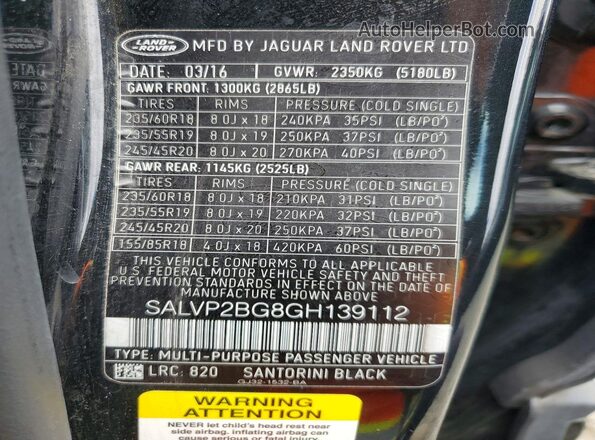 SALVP2BG8GH139112 2016 LAND ROVER RANGE Black 