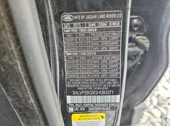SALVP2BG9GH093371 2016 LAND ROVER RANGE Black VIN კოდის სტიკერის ხედი