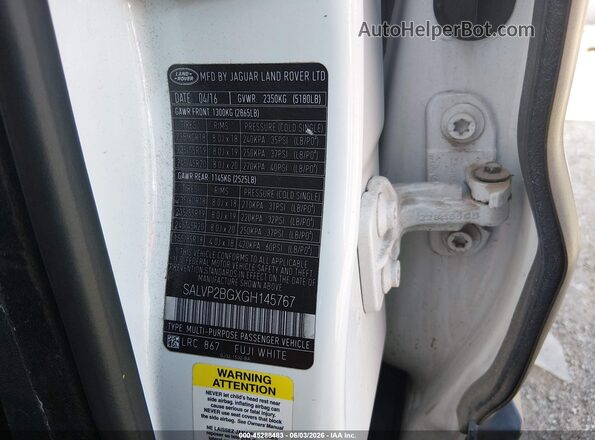 SALVP2BGXGH145767 2016 LAND ROVER RANGE ROVER EVOQUE Белый Вид подкапотного пространства