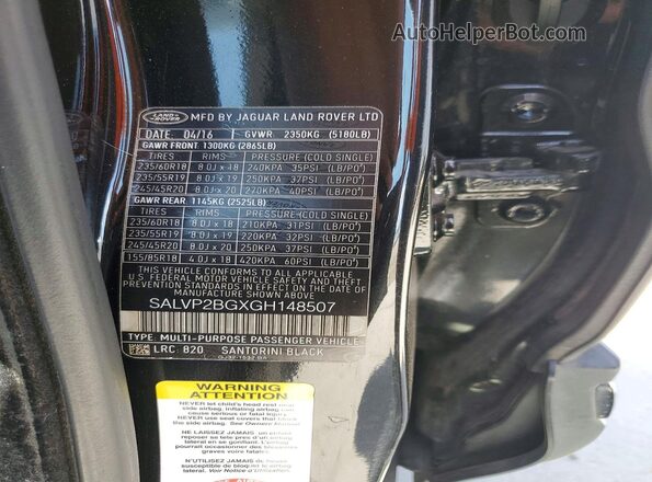 SALVP2BGXGH148507 2016 LAND ROVER RANGE Black Vista del compartimento del motor