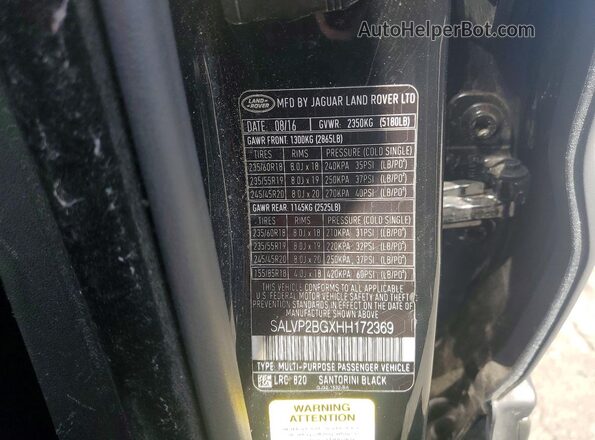 SALVP2BGXHH172369 2017 LAND ROVER RANGE Black Widok naklejki z numerem VIN