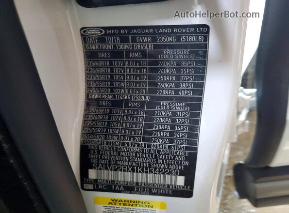 SALVP2RX1KH342230 2019 LAND ROVER RANGE White 