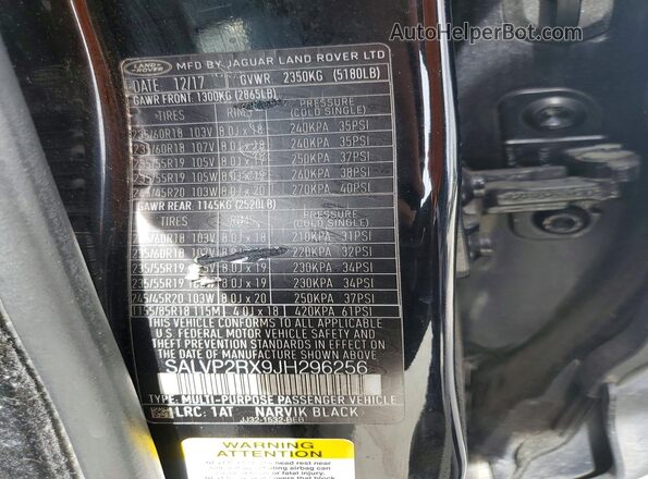 SALVP2RX9JH296256 2018 LAND ROVER RANGE Black VIN კოდის სტიკერის ხედი