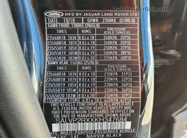 SALVP2RXXKH347684 2019 LAND ROVER RANGE Black Սալոնի 360 աստիճան տեսք