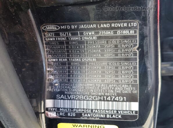 SALVR2BG2GH147491 2016 LAND ROVER RANGE Black Widok naklejki z numerem VIN
