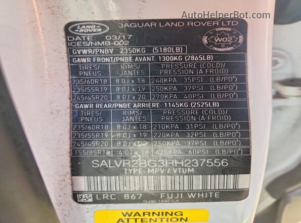 SALVR2BG3HH237556 2017 LAND ROVER RANGE White Вид наклейки з VIN-кодом