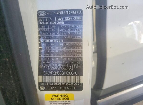 SALVR2BG6GH080510 2016 LAND ROVER RANGE White ძრავის განყოფილების ხედი