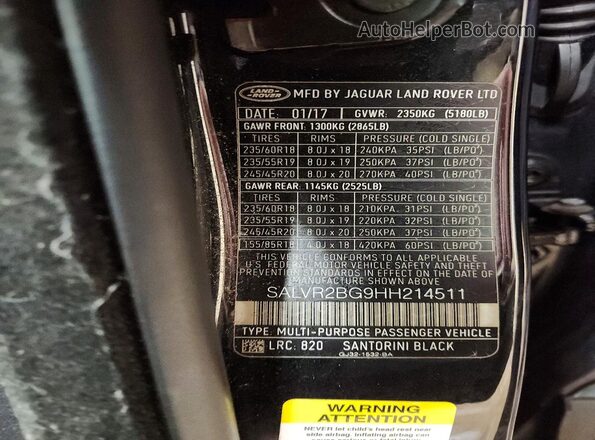 SALVR2BG9HH214511 2017 LAND ROVER RANGE Black VIN կոդի պիտակի տեսք