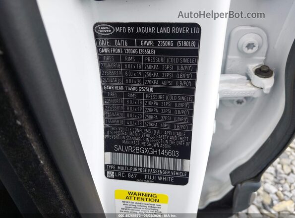 SALVR2BGXGH145603 2016 LAND ROVER RANGE ROVER EVOQUE White Շարժիչի բաժամունքի տեսք