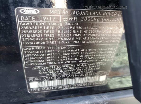 SALWG2FV8HA692656 2017 LAND ROVER RANGE Black VIN კოდის სტიკერის ხედი