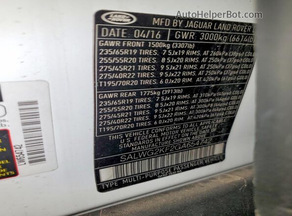 SALWG2KF2GA654742 2016 LAND ROVER RANGE White VIN კოდის სტიკერის ხედი