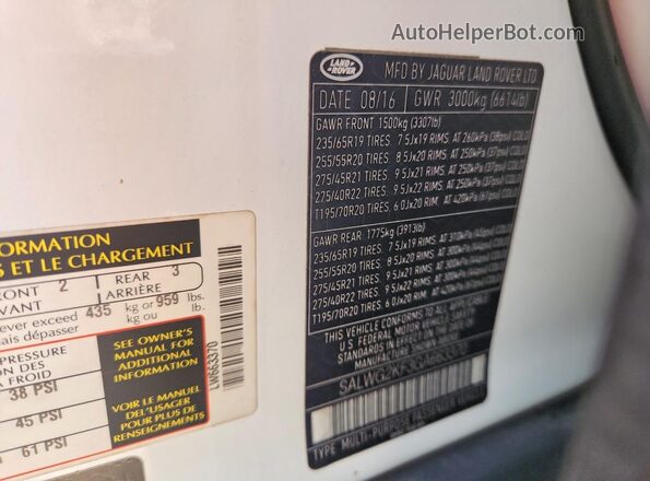 SALWG2KF3GA663370 2016 LAND ROVER RANGE White VIN կոդի պիտակի տեսք