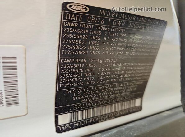 SALWG2KF3GA663501 2016 LAND ROVER RANGE White 