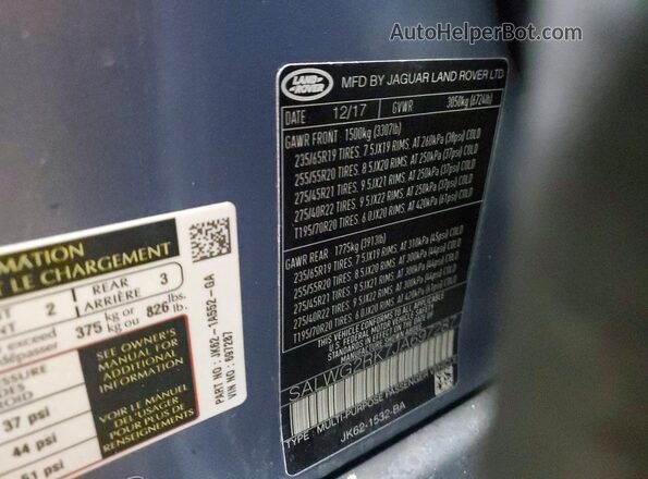 SALWG2RK7JA697287 2018 LAND ROVER RANGE Blue VIN კოდის სტიკერის ხედი