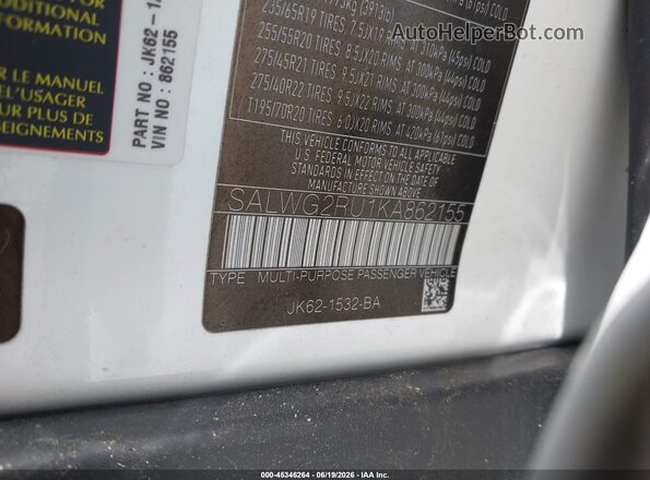 SALWG2RU1KA862155 2019 LAND ROVER RANGE ROVER SPORT White Vista del compartimento del motor