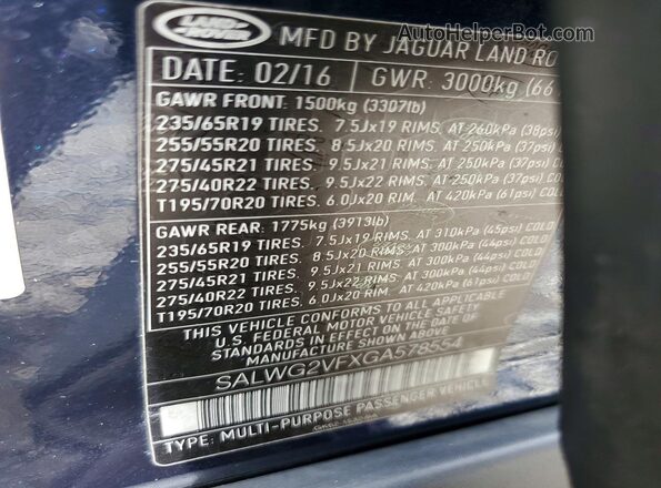 SALWG2VFXGA578554 2016 LAND ROVER RANGE Blue Շարժիչի բաժամունքի տեսք