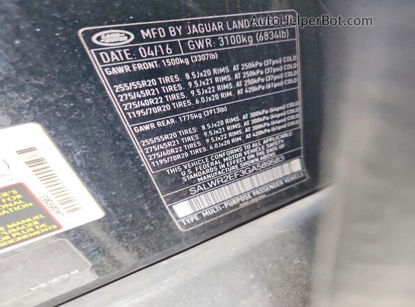 SALWR2EF3GA589583 2016 LAND ROVER RANGE Black VIN կոդի պիտակի տեսք