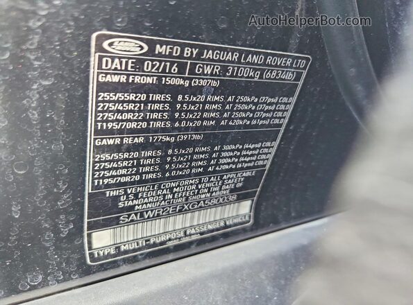 SALWR2EFXGA580038 2016 LAND ROVER RANGE Black Widok wnętrza 360 stopni