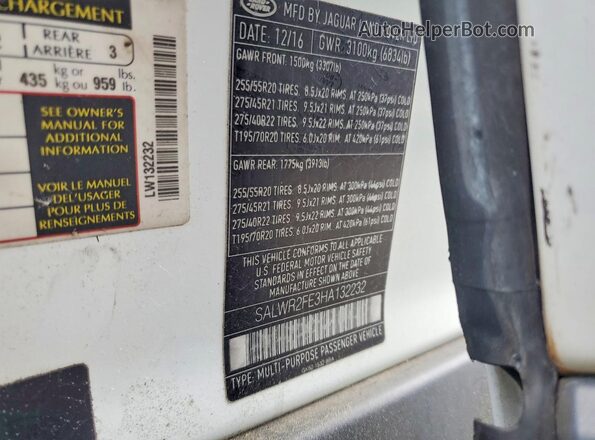 SALWR2FE3HA132232 2017 LAND ROVER RANGE White 