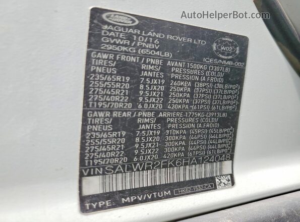 SALWR2FK6HA124048 2017 LAND ROVER RANGE White VIN կոդի պիտակի տեսք