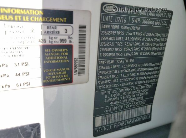 SALWR2KF2GA580992 2016 LAND ROVER RANGE White 