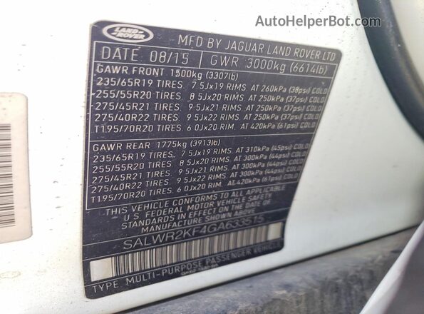 SALWR2KF4GA633515 2016 LAND ROVER RANGE White Widok komory silnika