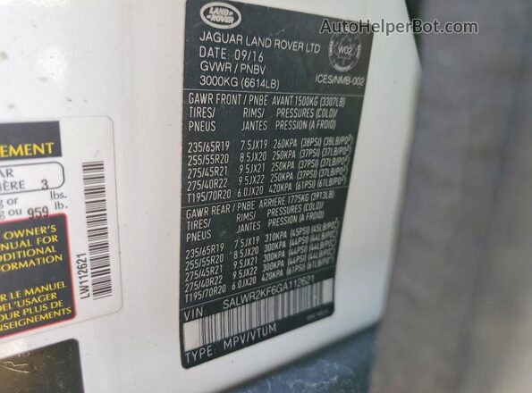 SALWR2KF6GA112621 2016 LAND ROVER RANGE White Շարժիչի բաժամունքի տեսք
