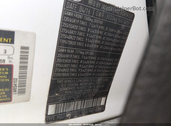 SALWR2KF7GA654102 2016 LAND ROVER RANGE ROVER SPORT White ძრავის განყოფილების ხედი