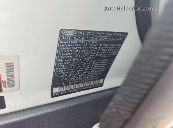SALWR2KF8GA583007 2016 LAND ROVER RANGE White Vista de la etiqueta del VIN