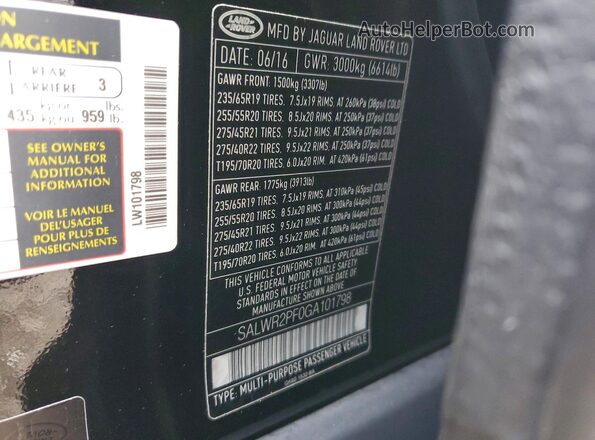 SALWR2PF0GA101798 2016 LAND ROVER RANGE Black VIN կոդի պիտակի տեսք