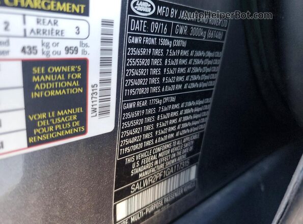 SALWR2PF1GA117315 2016 LAND ROVER RANGE Black VIN კოდის სტიკერის ხედი