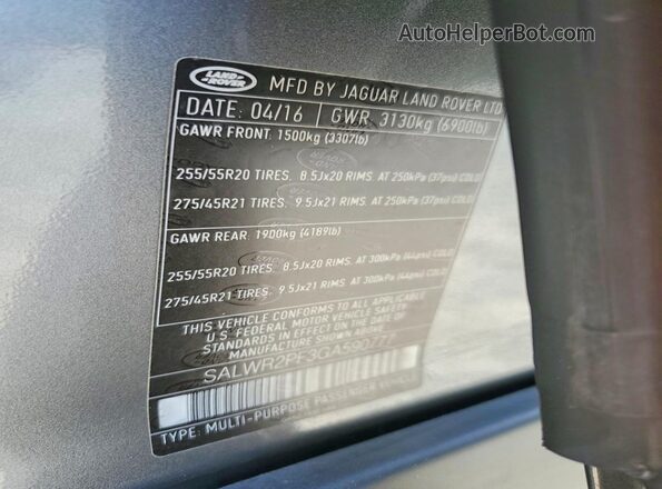 SALWR2PF3GA590777 2016 LAND ROVER RANGE Gray VIN sticker view