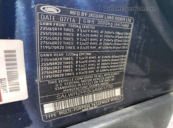 SALWR2PF5GA661770 2016 LAND ROVER RANGE Синий 