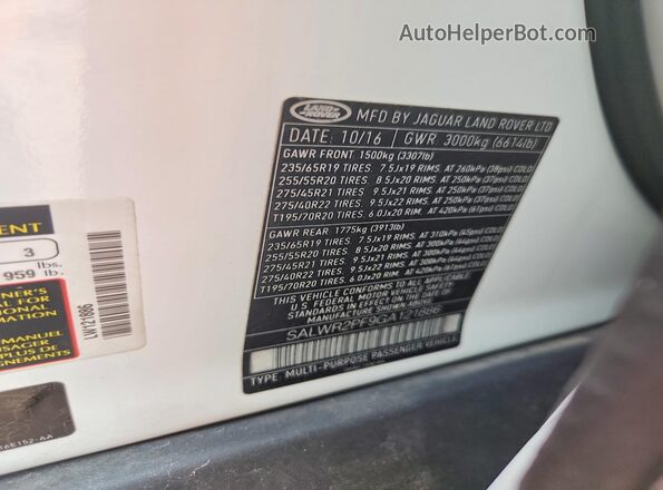 SALWR2PF9GA121886 2016 LAND ROVER RANGE White 360 interior view