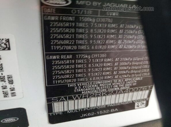 SALWR2RK2JA400761 2018 LAND ROVER RANGE Белый 