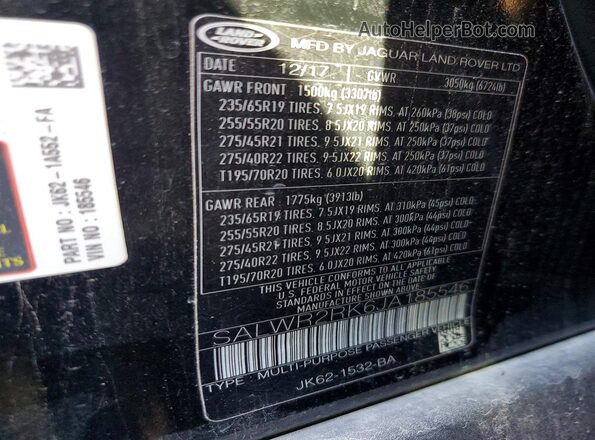 SALWR2RK6JA185546 2018 LAND ROVER RANGE Black Widok naklejki z numerem VIN