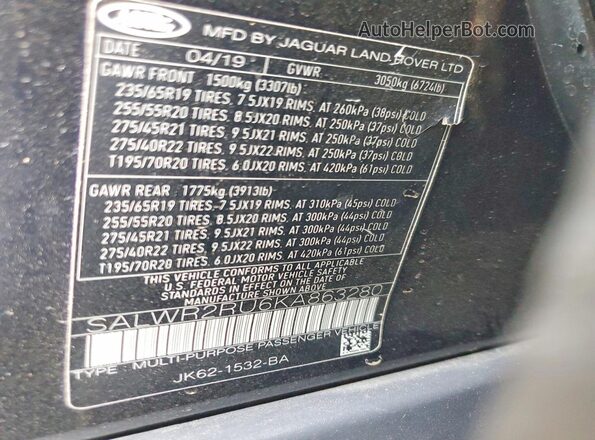 SALWR2RU6KA863280 2019 LAND ROVER RANGE Black 