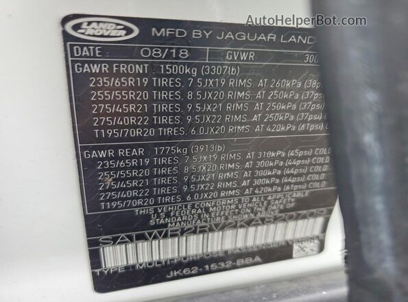 SALWR2RV2KA820709 2019 LAND ROVER RANGE White 